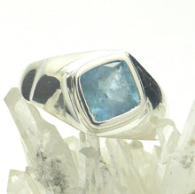 Load image into Gallery viewer, Aquamarine Ring | Signet Style | 925 Sterling Silver | Faceted Square set as Diamond | US Size 6 | AUS Size L1/2 | Beautiful Gem, just a few inclusions | Emotional uplifts calm and strength | Genuine Gemstones from Crystal Heart Melbourne Australia since 1986