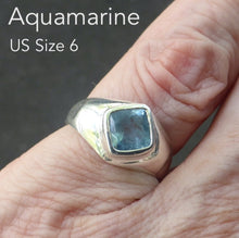 Load image into Gallery viewer, Aquamarine Ring | Signet Style | 925 Sterling Silver | Faceted Square set as Diamond | US Size 6 | AUS Size L1/2 | Beautiful Gem, just a few inclusions | Emotional uplifts calm and strength | Genuine Gemstones from Crystal Heart Melbourne Australia since 1986