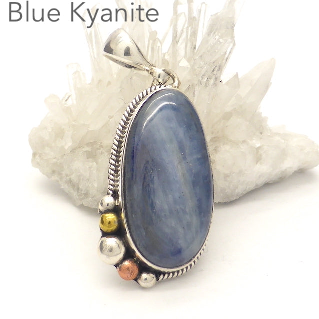 Cabochon of Blue Kyanite | Freeform Oval | 925 Sterling Silver | Silver Rope and Ball work | rose and yellow gold plate | Protective for EMFs | Doesn't hold Negativity | Spiritual Vision | Improves Perception | Genuine Gems from Crystal Heart Melbourne Australia since 1986