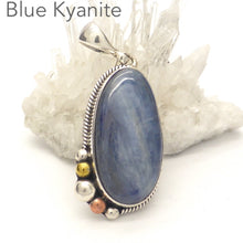 Load image into Gallery viewer, Cabochon of Blue Kyanite | Freeform Oval | 925 Sterling Silver | Silver Rope and Ball work | rose and yellow gold plate | Protective for EMFs | Doesn&#39;t hold Negativity | Spiritual Vision | Improves Perception | Genuine Gems from Crystal Heart Melbourne Australia since 1986