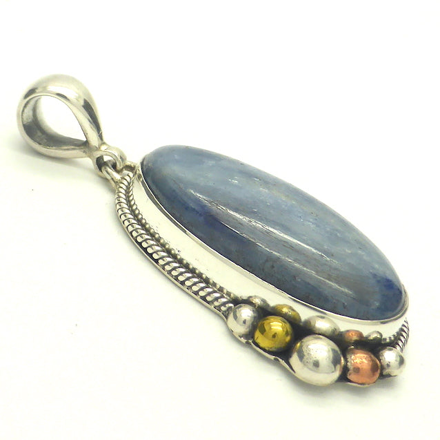 Cabochon of Blue Kyanite | Freeform Oval | 925 Sterling Silver | Silver Rope and Ball work | rose and yellow gold plate | Protective for EMFs | Doesn't hold Negativity | Spiritual Vision | Improves Perception | Genuine Gems from Crystal Heart Melbourne Australia since 1986