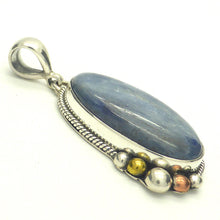 Load image into Gallery viewer, Cabochon of Blue Kyanite | Freeform Oval | 925 Sterling Silver | Silver Rope and Ball work | rose and yellow gold plate | Protective for EMFs | Doesn&#39;t hold Negativity | Spiritual Vision | Improves Perception | Genuine Gems from Crystal Heart Melbourne Australia since 1986