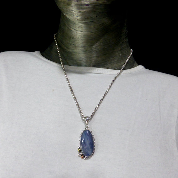 Cabochon of Blue Kyanite | Freeform Oval | 925 Sterling Silver | Silver Rope and Ball work | rose and yellow gold plate | Protective for EMFs | Doesn't hold Negativity | Spiritual Vision | Improves Perception | Genuine Gems from Crystal Heart Melbourne Australia since 1986