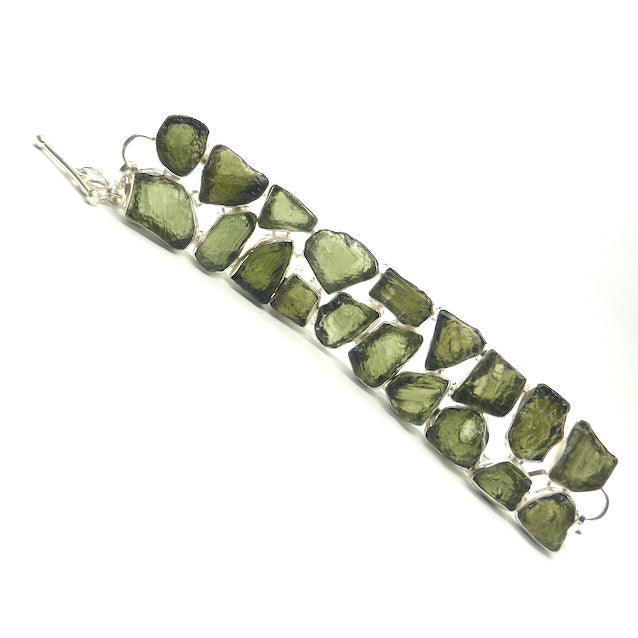 Bracelet with 19 Raw Natural Moldavite nuggets set in two lines | Bezel Set with Open backs | 925 Sterling Silver  Green Obsidian | CZ Republic | Intense Personal Heart Transformation and Connection | Scorpio Stone | Genuine Gems from Crystal Heart Melbourne Australia since 1986