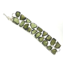 Load image into Gallery viewer, Bracelet with 19 Raw Natural Moldavite nuggets set in two lines | Bezel Set with Open backs | 925 Sterling Silver  Green Obsidian | CZ Republic | Intense Personal Heart Transformation and Connection | Scorpio Stone | Genuine Gems from Crystal Heart Melbourne Australia since 1986