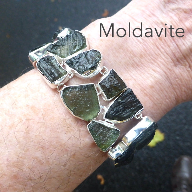 Bracelet with 19 Raw Natural Moldavite nuggets set in two lines | Bezel Set with Open backs | 925 Sterling Silver  Green Obsidian | CZ Republic | Intense Personal Heart Transformation and Connection | Scorpio Stone | Genuine Gems from Crystal Heart Melbourne Australia since 1986