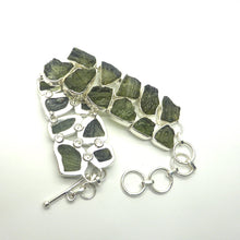 Load image into Gallery viewer, Bracelet with 19 Raw Natural Moldavite nuggets set in two lines | Bezel Set with Open backs | 925 Sterling Silver  Green Obsidian | CZ Republic | Intense Personal Heart Transformation and Connection | Scorpio Stone | Genuine Gems from Crystal Heart Melbourne Australia since 1986