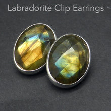 Load image into Gallery viewer, Labradorite Clip Earring | Faceted Oval with strong Gold Green Fire | 925 Sterling Silver | Sagittarius Scorpio Leo Star Stone | Genuine Gems from Crystal Heart Melbourne Australia since 1986