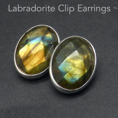 Labradorite Clip Earring | Faceted Oval with strong Gold Green Fire | 925 Sterling Silver | Sagittarius Scorpio Leo Star Stone | Genuine Gems from Crystal Heart Melbourne Australia since 1986