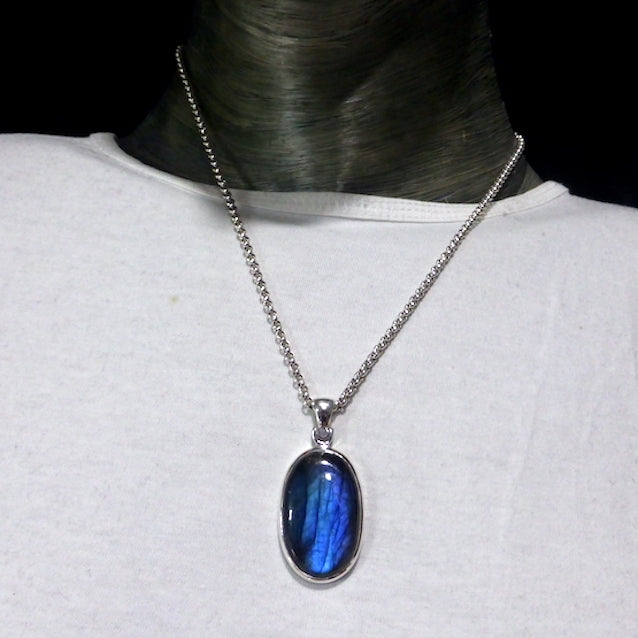 Labradorite Pendant | Strong Blue Flash | Large oval cabochon | Bezel Set with open back | Hinged Bail | Genuine Gems from Crystal Heart Melbourne Australia since 1986