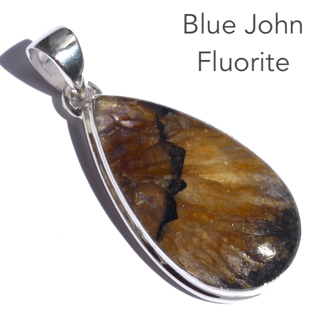 Blue John Fluorite Pendant, Teardrop Cabochon, 925 Silver, r5