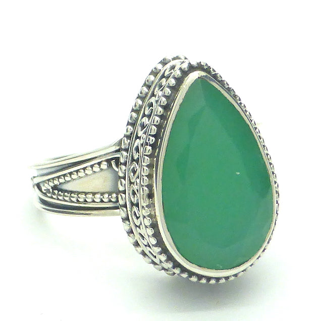 Chrysoprase Ring | Oval Cabochon | 925 Sterling Silver | Ornate Ethnic Silver Detail | US Size 9 | AUS Size R1/2 | Perfect Apple Green | Good Translucency | AKA Australian Jade | Empowering healer | Genuine Gemstones from Crystal Heart Melbourne Australia since 1986
