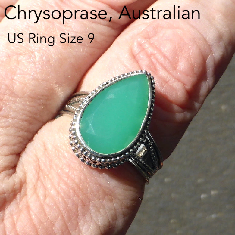 Chrysoprase Ring | Oval Cabochon | 925 Sterling Silver | Ornate Ethnic Silver Detail | US Size 9 | AUS Size R1/2 | Perfect Apple Green | Good Translucency | AKA Australian Jade | Empowering healer | Genuine Gemstones from Crystal Heart Melbourne Australia since 1986