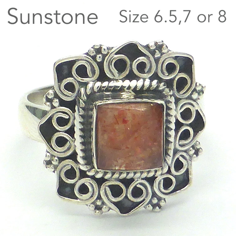 Sunstone Ring, Square cabochon, Ornate Border, 925 Silver, r3