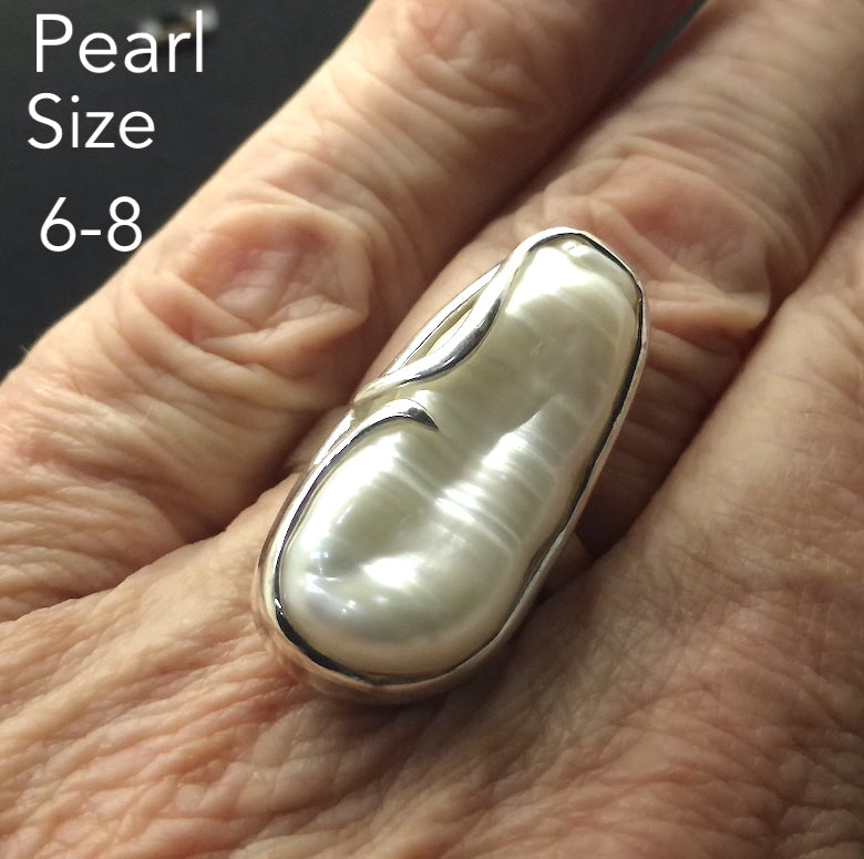 Freshwater Baroque Pearl Ring | 925 Sterling Silver | US Size Adjustable 7 to 8 | Lovely Lustre | Bezel set and held in place by organic tendrils of Silver that overlay the pearl | Genuine Gems from Crystal Heart Melbourne Australia since 1986