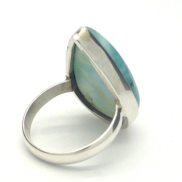 Larimar Ring | Teardrop Cabochon | 925 Sterling Silver | Simple Bezel Setting with Open Back  | US Size 6 .5 | AUS Size M1/2 | Dominican Republic Caribbean | Leo Stone | Pectolite Variety | Oceanic Sky blue | Genuine Gems from Crystal Heart Melbourne Australia since 1986