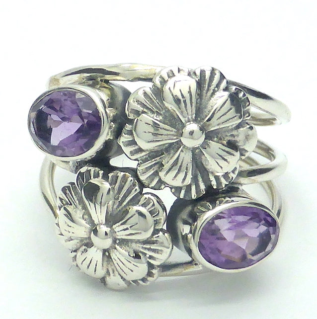 Amethyst Ring | 2 Oval Faceted Stones with larger Silver Flowers | 925 Sterling silver | bezel set | Triple Band  | US size 7 | 8 |  | Genuine Gems from Crystal Heart Melbourne Australia since 1986