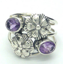 Load image into Gallery viewer, Amethyst Ring | 2 Oval Faceted Stones with larger Silver Flowers | 925 Sterling silver | bezel set | Triple Band  | US size 7 | 8 |  | Genuine Gems from Crystal Heart Melbourne Australia since 1986