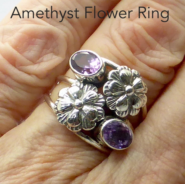 Amethyst Ring | 2 Oval Faceted Stones with larger Silver Flowers | 925 Sterling silver | bezel set | Triple Band  | US size 7 | 8 |  | Genuine Gems from Crystal Heart Melbourne Australia since 1986