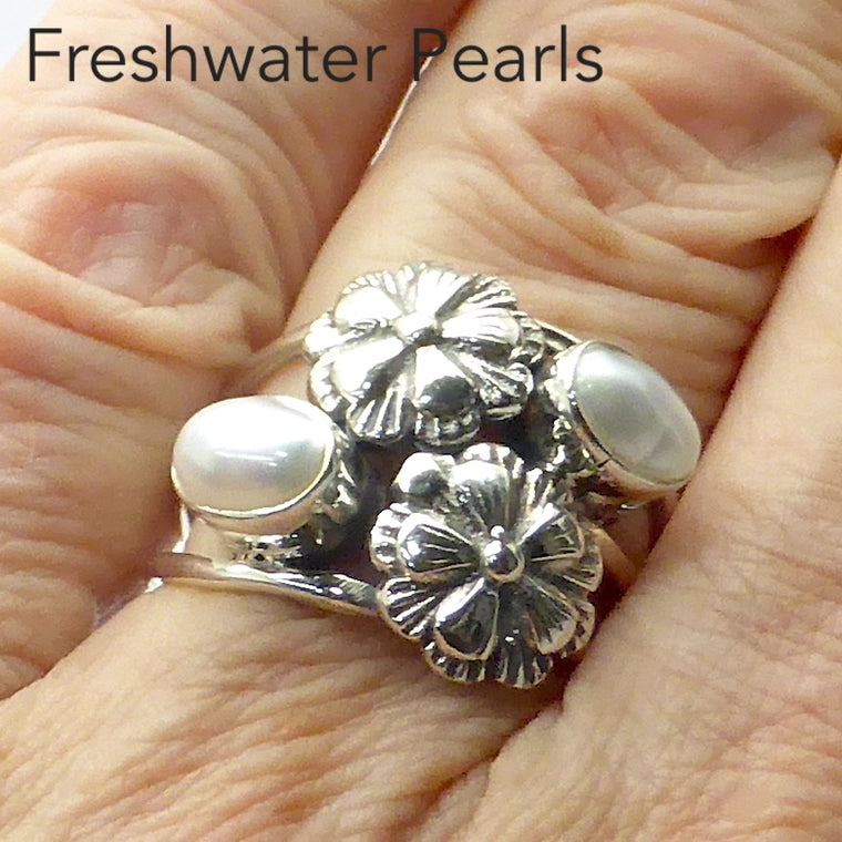 Pearl Ring, Natural Freshwater, with Flowers, 925 Silver kf