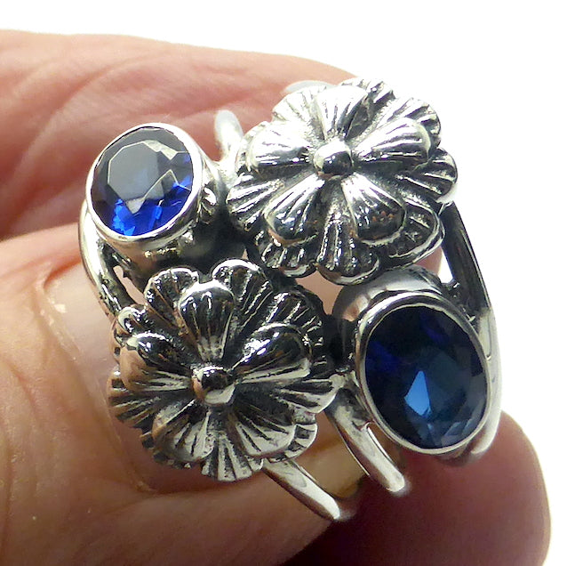Sapphire Quartz Ring | 2 Oval Faceted Stones with larger Silver Flowers | Also look like gem kyanite | 925 Sterling silver | bezel set | Triple Band  | US size 7 | 8 |  | Genuine Gems from Crystal Heart Melbourne Australia since 1986
