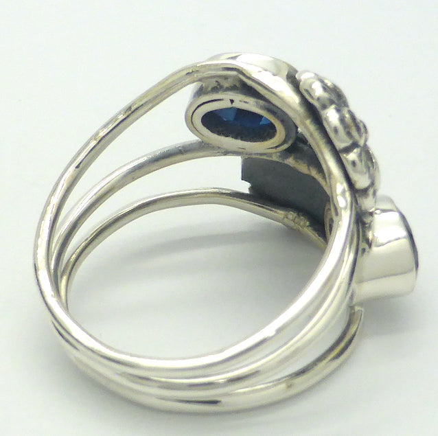 Sapphire Quartz Ring | 2 Oval Faceted Stones with larger Silver Flowers | Also look like gem kyanite | 925 Sterling silver | bezel set | Triple Band  | US size 7 | 8 |  | Genuine Gems from Crystal Heart Melbourne Australia since 1986