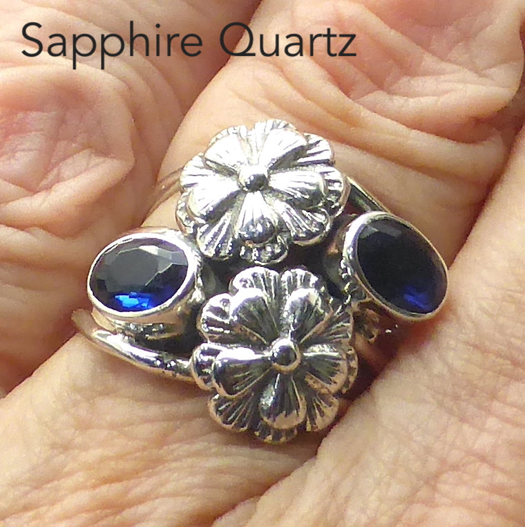 Sapphire Quartz Ring , faceted stones, with Flowers, 925 Silver kf