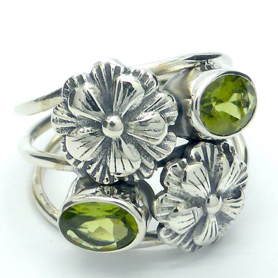 Peridot Ring | Two faceted Ovals with Silver Flowers | 925 Sterling silver | Bezel Set with open backs  Comfortable Triple Band | US size 6.5 | 8 | 9 | Leo Stone | Genuine Gems from Crystal Heart Melbourne Australia since 1986