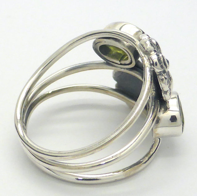 Peridot Ring | Two faceted Ovals with Silver Flowers | 925 Sterling silver | Bezel Set with open backs  Comfortable Triple Band | US size 6.5 | 8 | 9 | Leo Stone | Genuine Gems from Crystal Heart Melbourne Australia since 1986