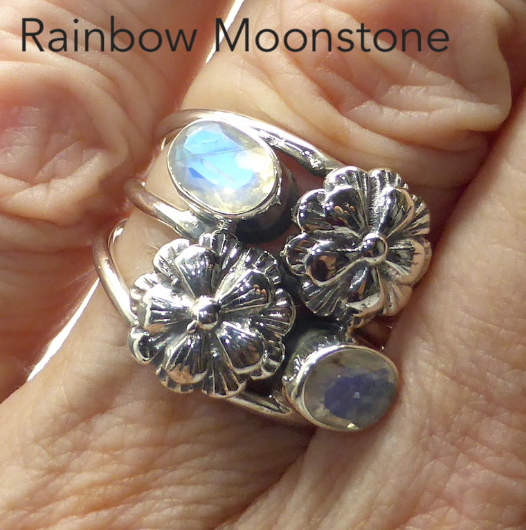 Moonstone Ring, Faceted Ovals with Silver Flowers, 925 Silver kf