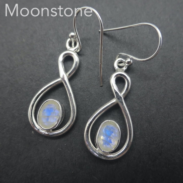 Rainbow Moonstone Gemstone Earrings | Faceted Ovals | 925 Sterling Silver | Infinity Loop | Genuine Gems from Crystal Heart Melbourne Australia since 1986