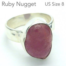 Load image into Gallery viewer, Ruby Ring | Raw Nugget | 925 Sterling Silver  | Open Back with Hamered Band  | US Size 8 | not gem quality but good translucence | Lion Heart | Genuine Gems from Crystal Heart Melbourne Australia since 1986