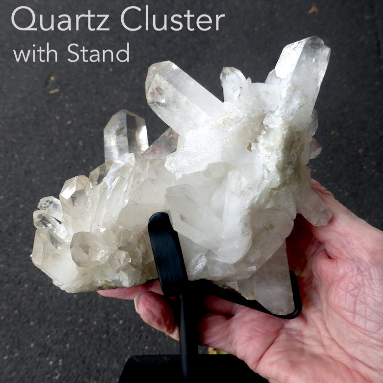 Large Clear Quartz Cluster | Custom Made Black Metal Stand  Clarity of mind | Inspiration | Crown Chakra  | Genuine Gems from Crystal Heart Melbourne Australia since 1986