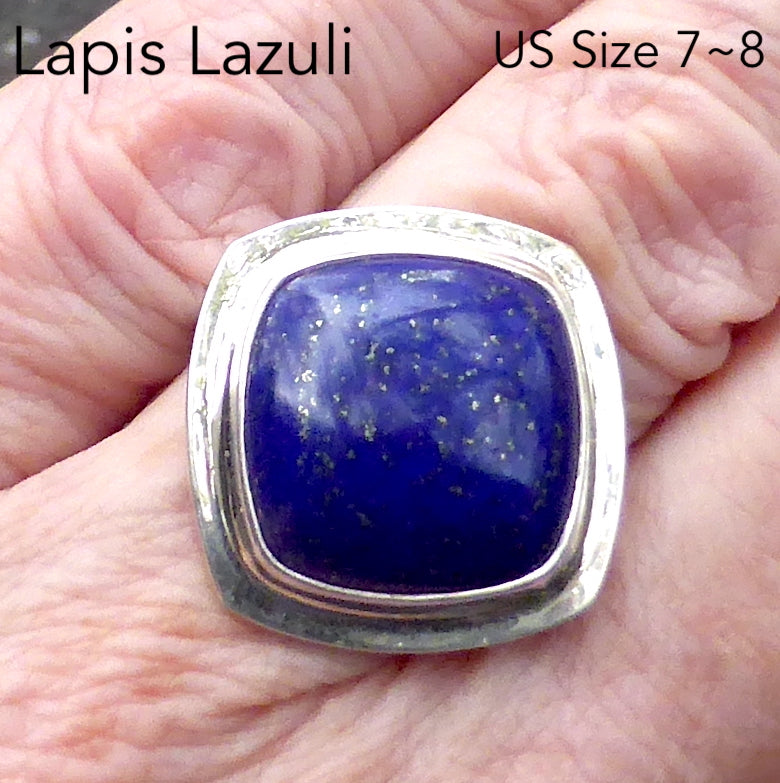 Lapis Lazuli Ring | US Ring Size 7 to 8 | Square Cabochon | Deep Blue Consistent Colour | Spangled with golden flecks of Pyrites |  Bezel Set | 925 Sterling Silver | Open Back | Messenger of the Gods | Meditation | Inner Truth | Genuine Gems from Crystal Heart Melbourne Australia since 1986