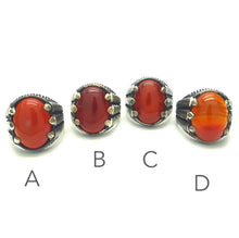 Load image into Gallery viewer, Carnelian Cabochon Ring | Orange Chalcedony | Oval Cabochon | 925 Sterling Silver | Bezel Set with addtional Talon Styled Claws | Medieval magic | US Size 8 | AUS Size P 1/2 | Creativity Focus | Cancer Leo Taurus | Genuine Gems from Crystal Heart Melbourne Australia since 1986