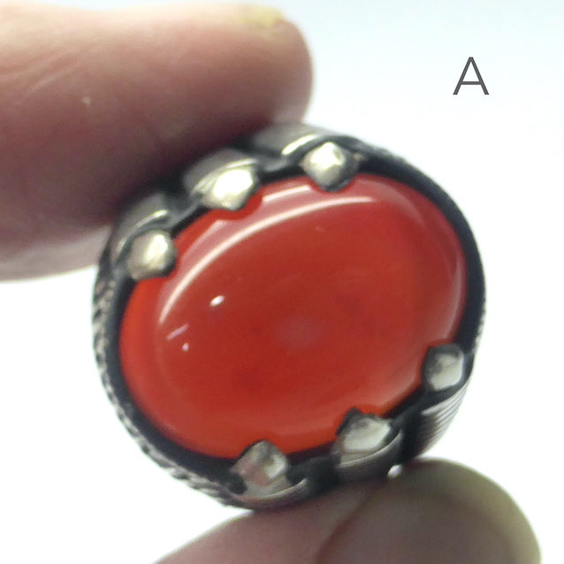 Carnelian Cabochon Ring | Orange Chalcedony | Oval Cabochon | 925 Sterling Silver | Bezel Set with addtional Talon Styled Claws | Medieval magic | US Size 8 | AUS Size P 1/2 | Creativity Focus | Cancer Leo Taurus | Genuine Gems from Crystal Heart Melbourne Australia since 1986