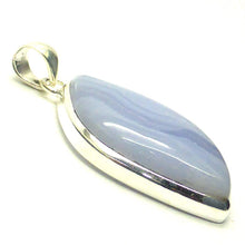 Load image into Gallery viewer, Blue Lace Agate Pendant | Freeform Cabochon | 925 Sterling Silver | Bezel Set | Delicate Sky blue | Throat Chakra | Unblock communication &amp; all forms of expression  | Genuine Gems from Crystal Heart Melbourne Australia since 1986