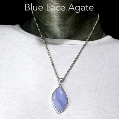Blue Lace Agate Pendant | Freeform Cabochon | 925 Sterling Silver | Bezel Set | Delicate Sky blue | Throat Chakra | Unblock communication & all forms of expression  | Genuine Gems from Crystal Heart Melbourne Australia since 1986