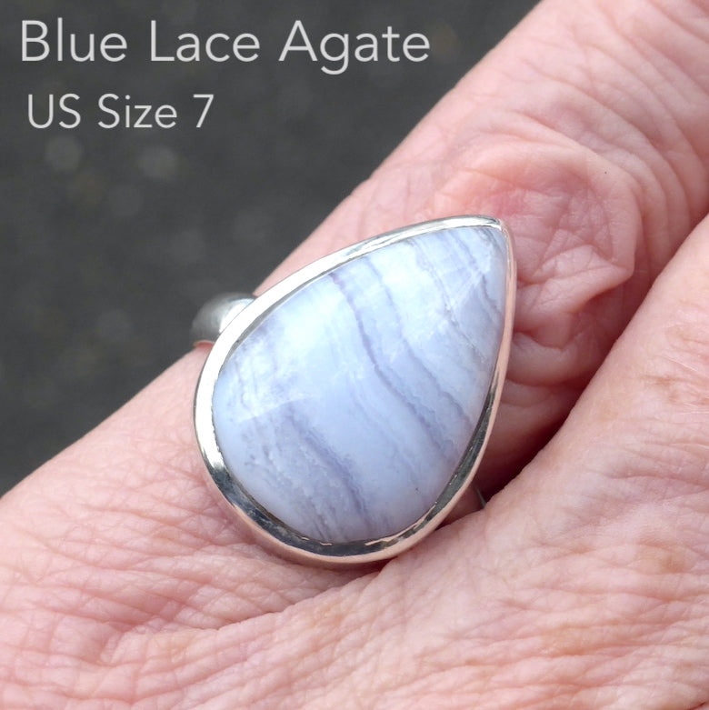 Blue Lace Agate Ring | Teardrop Cabochon | 925 Sterling Silver | US Ring Size 7 | AUS Size N1/2 | Bezel Set | Delicate Sky blue | Throat Chakra | Unblock communication & all forms of expression  | Genuine Gems from Crystal Heart Melbourne Australia since 1986