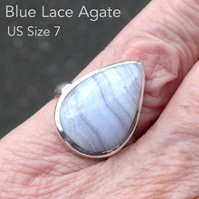 Load image into Gallery viewer, Blue Lace Agate Ring | Teardrop Cabochon | 925 Sterling Silver | US Ring Size 7 | AUS Size N1/2 | Bezel Set | Delicate Sky blue | Throat Chakra | Unblock communication &amp; all forms of expression  | Genuine Gems from Crystal Heart Melbourne Australia since 1986