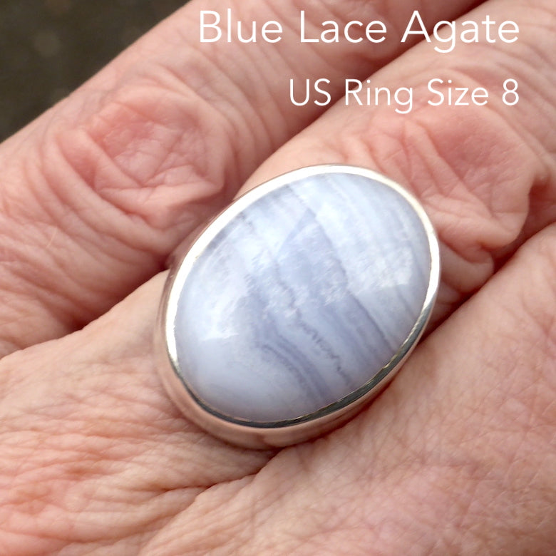 Blue Lace Agate Ring | Oval Cabochon | 925 Sterling Silver | US Ring Size 8 | AUS Size P1/2 | Bezel Set | Delicate Sky blue | Throat Chakra | Unblock communication & all forms of expression  | Genuine Gems from Crystal Heart Melbourne Australia since 1986