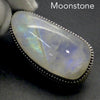 Natural Rainbow Moonstone Pendant | Freeform Cabochon | 925 Sterling Silver | Deep Bezel Set with ornate ethnic detail | Open Back | Strong Blue Flash | Golden Path | Emotional Liberation | Genuine Gems from Crystal Heart Melbourne Australia 1986
