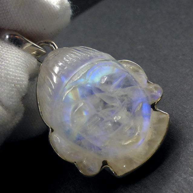 Natural Rainbow Moonstone Pendant | Buddha Head Carving Sculpture | 925 Sterling Silver | Strong Blue Purple Flash | Golden Pathway | Emotional Liberation | Meditation | Serene Contentment and Joy | Genuine Gems from Crystal Heart Melbourne Australia 1986