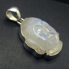 Load image into Gallery viewer, Natural Rainbow Moonstone Pendant | Buddha Head Carving Sculpture | 925 Sterling Silver | Strong Blue Purple Flash | Golden Pathway | Emotional Liberation | Meditation | Serene Contentment and Joy | Genuine Gems from Crystal Heart Melbourne Australia 1986