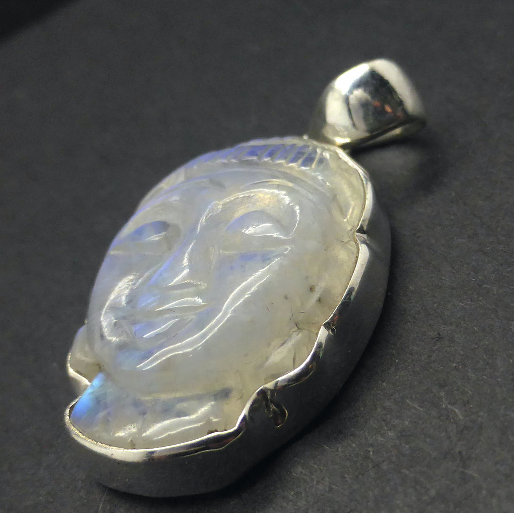 Natural Rainbow Moonstone Pendant | Buddha Head Carving Sculpture | 925 Sterling Silver | Strong Consistent Blue Flash | Emotional Liberation | Meditation | Serene Contentment and Joy | Genuine Gems from Crystal Heart Melbourne Australia 1986