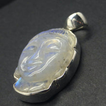 Load image into Gallery viewer, Natural Rainbow Moonstone Pendant | Buddha Head Carving Sculpture | 925 Sterling Silver | Strong Consistent Blue Flash | Emotional Liberation | Meditation | Serene Contentment and Joy | Genuine Gems from Crystal Heart Melbourne Australia 1986