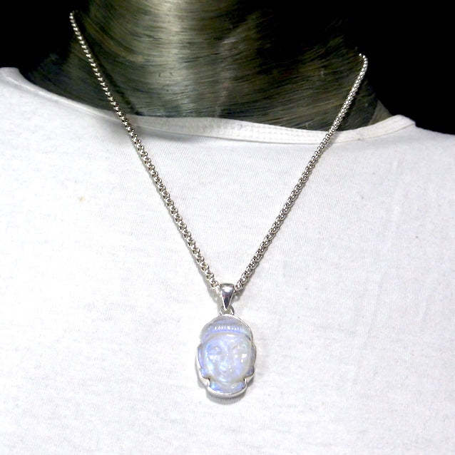 Natural Rainbow Moonstone Pendant | Buddha Head Carving Sculpture | 925 Sterling Silver | Strong Consistent Blue Flash | Emotional Liberation | Meditation | Serene Contentment and Joy | Genuine Gems from Crystal Heart Melbourne Australia 1986