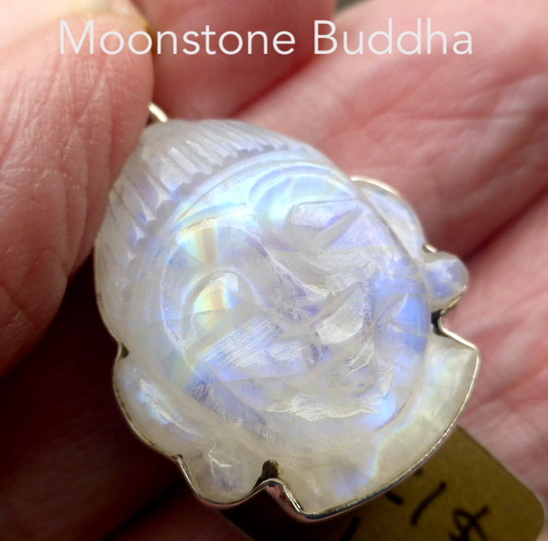 Natural Rainbow Moonstone Pendant | Buddha Head Carving Sculpture | 925 Sterling Silver | Strong Blue Purple Flash | Golden Pathway | Emotional Liberation | Meditation | Serene Contentment and Joy | Genuine Gems from Crystal Heart Melbourne Australia 1986