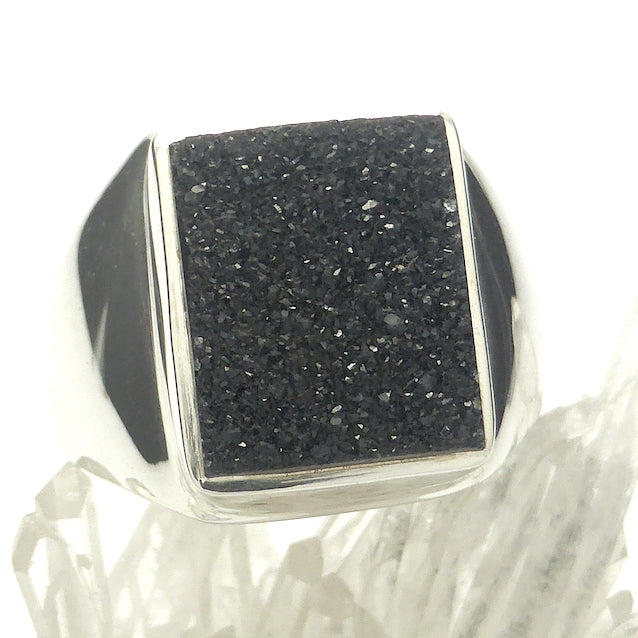 Druzy Black Onyx Ring | 925 Sterling Silver Setting | US Size 8 | AUS Size P1/2 | Empowering and protective  with tiny Quartz Crystal Sparkling like Stars in the Night Sky | Dazzling | Genuine Gems from Crystal Heart Melbourne Australia since 1986