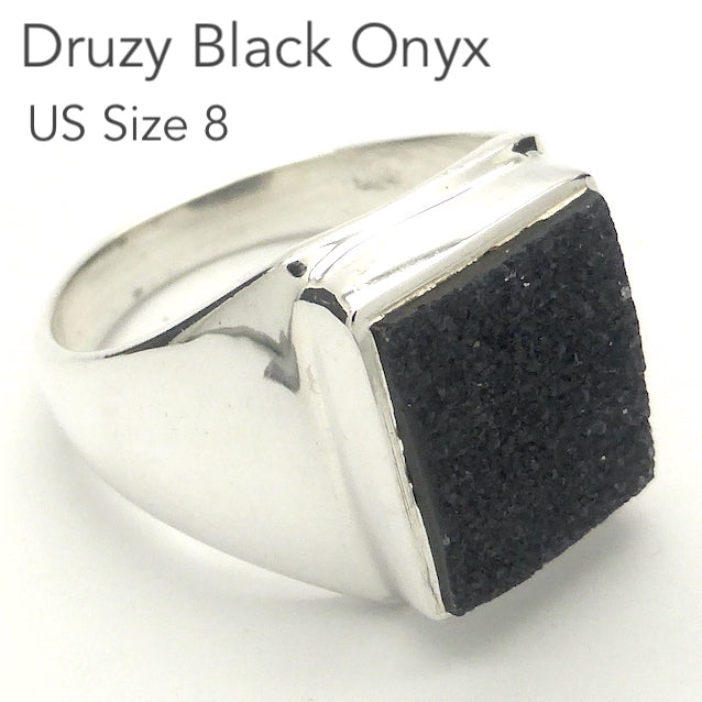 Druzy Black Onyx Ring | 925 Sterling Silver Setting | US Size 8 | AUS Size P1/2 | Empowering and protective  with tiny Quartz Crystal Sparkling like Stars in the Night Sky | Dazzling | Genuine Gems from Crystal Heart Melbourne Australia since 1986